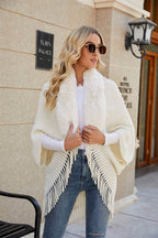 Fringe Detail Long Sleeve Ribbed Poncho - Delanoir
