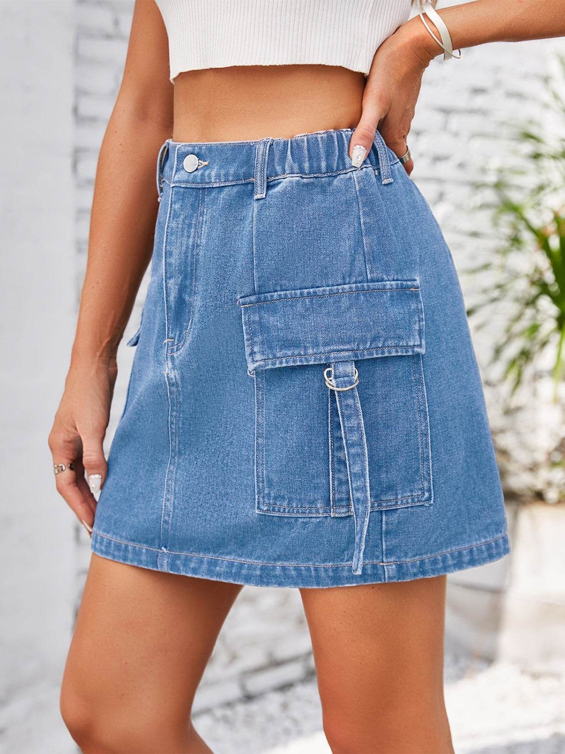Pocketed Buttoned Denim Skirt - Delanoir