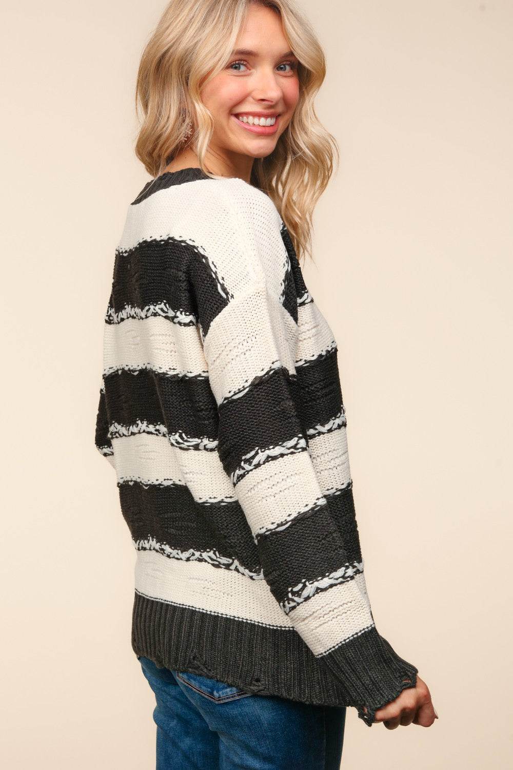 Haptics Striped Contrast Distressed Sweater - Delanoir
