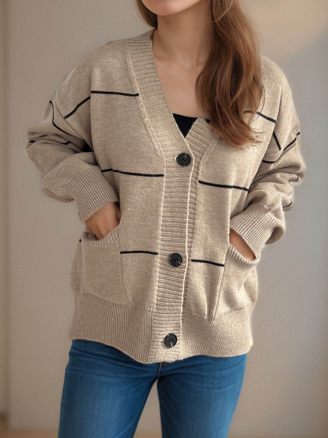 Striped Button Down V-Neck Long Sleeve Cardigan - Delanoir