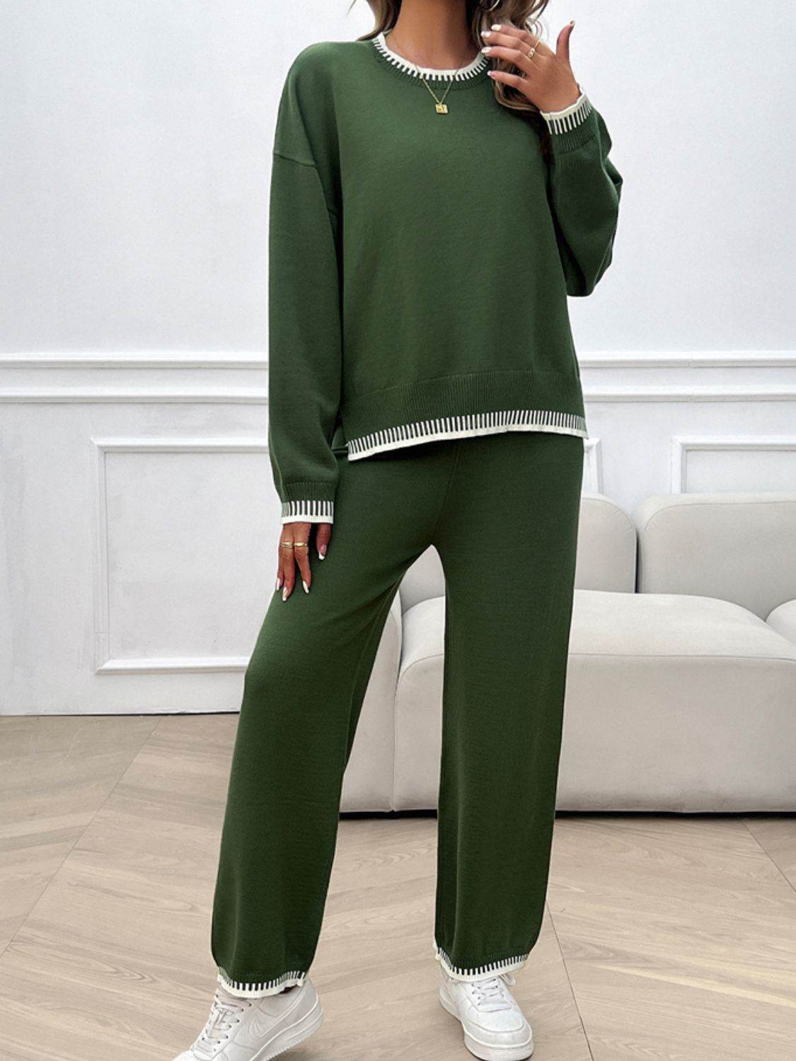 Devine Round Neck Dropped Shoulder Top and Pants Sweater Set - Delanoir