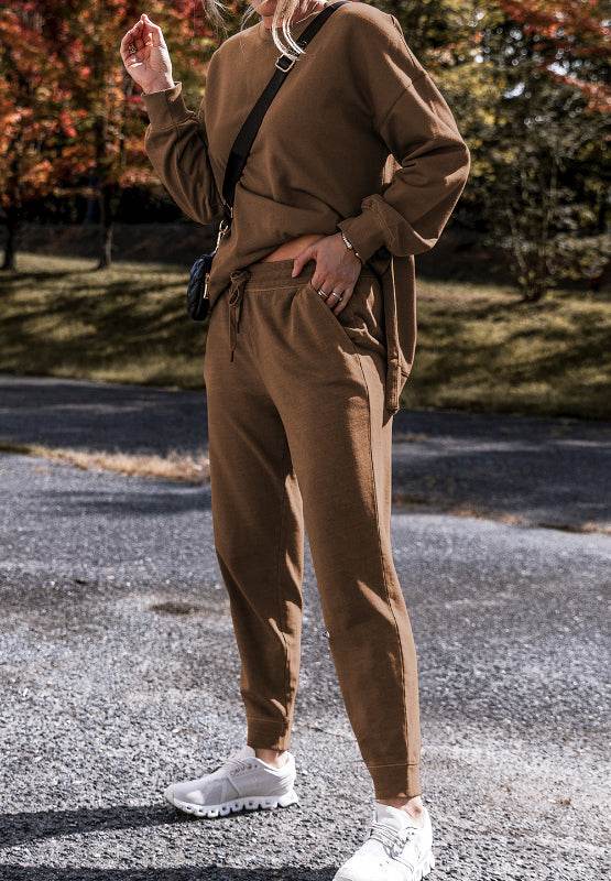 Side Slit Round Neck Long Sleeve Top and Pants Set - Delanoir