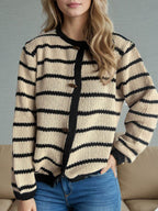 Striped Round Neck Long Sleeve Cardigan - Delanoir