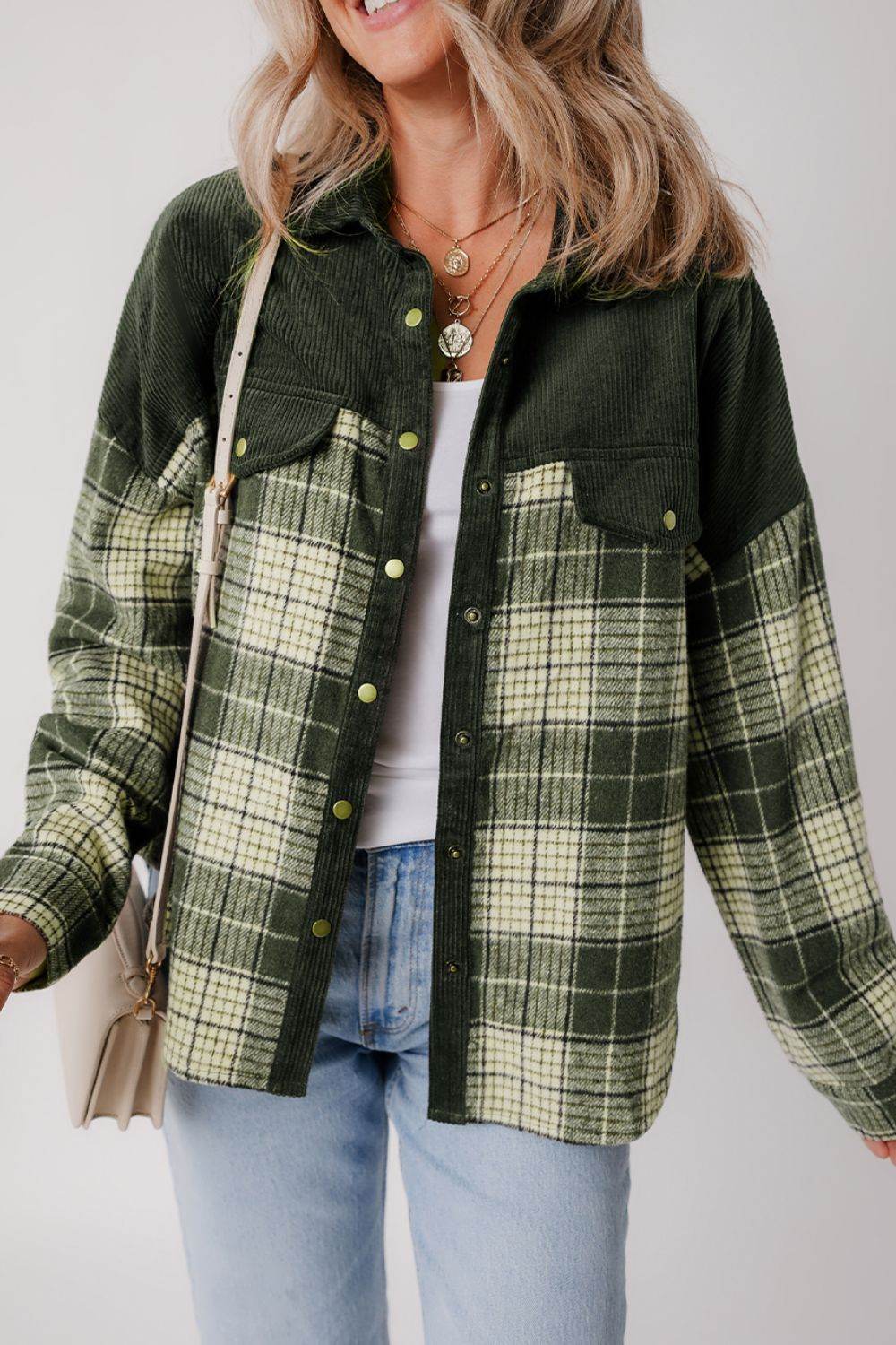 Snap Down Collared Neck Plaid Shacket - Delanoir