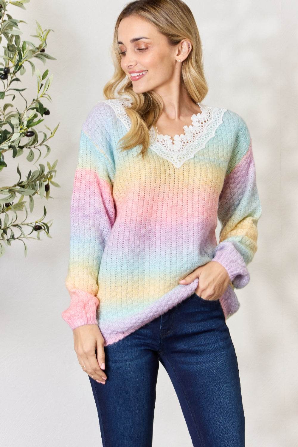 BiBi Rainbow Gradient Crochet Deetail Sweater - Delanoir