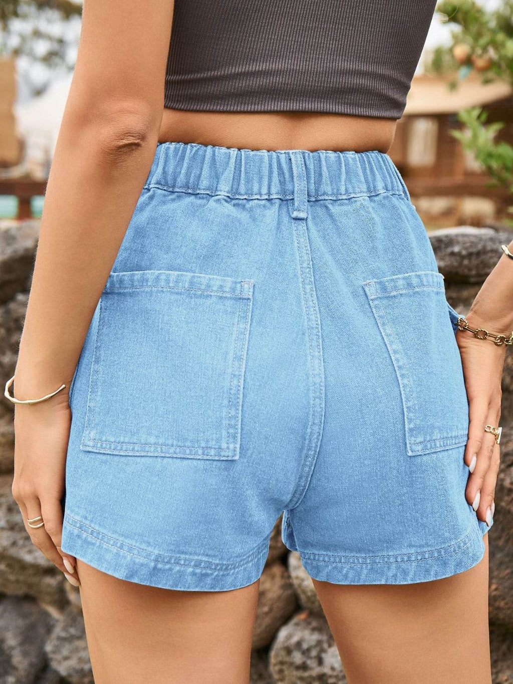 High Waist Denim Shorts with Pockets - Delanoir