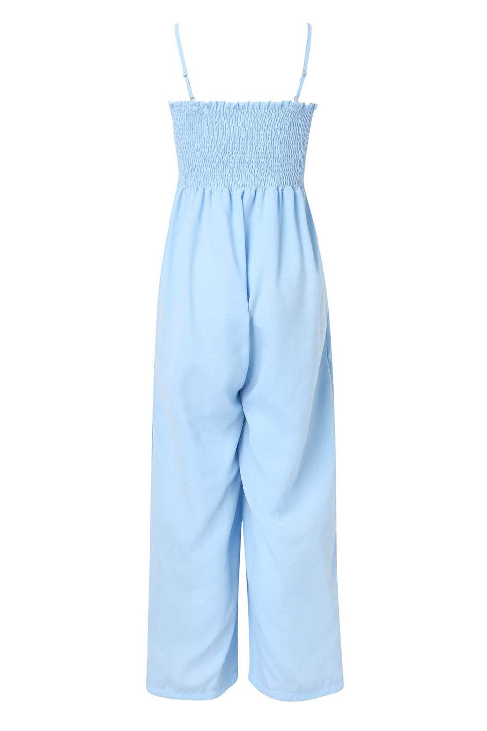 Smocked Spaghetti Strap Wide Leg Jumpsuit - Delanoir