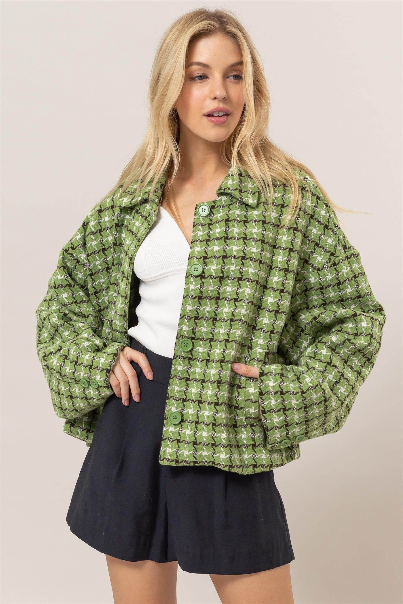 HYFVE Tweed Plaid Button Up Collared Neck Jacket - Delanoir