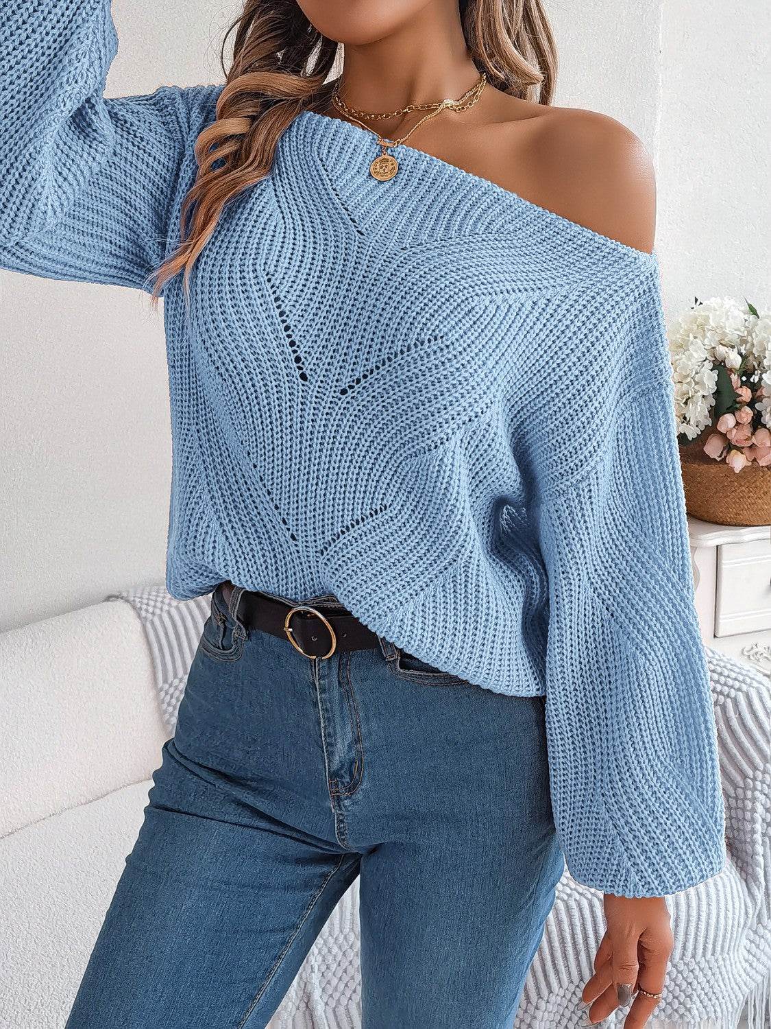 Openwork Long Sleeve Sweater - Delanoir