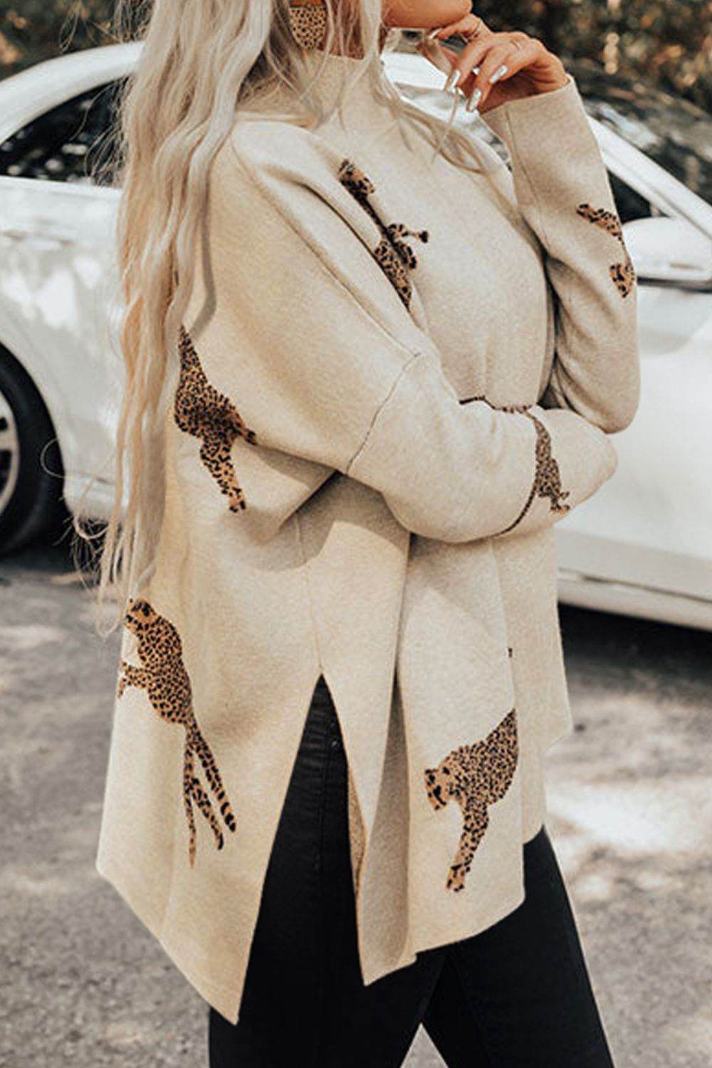 Animal Pattern Mock Neck Long Sleeve Slit Sweater - Delanoir