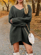 V-Neck Dropped Shoulder Sweater Dress - Delanoir