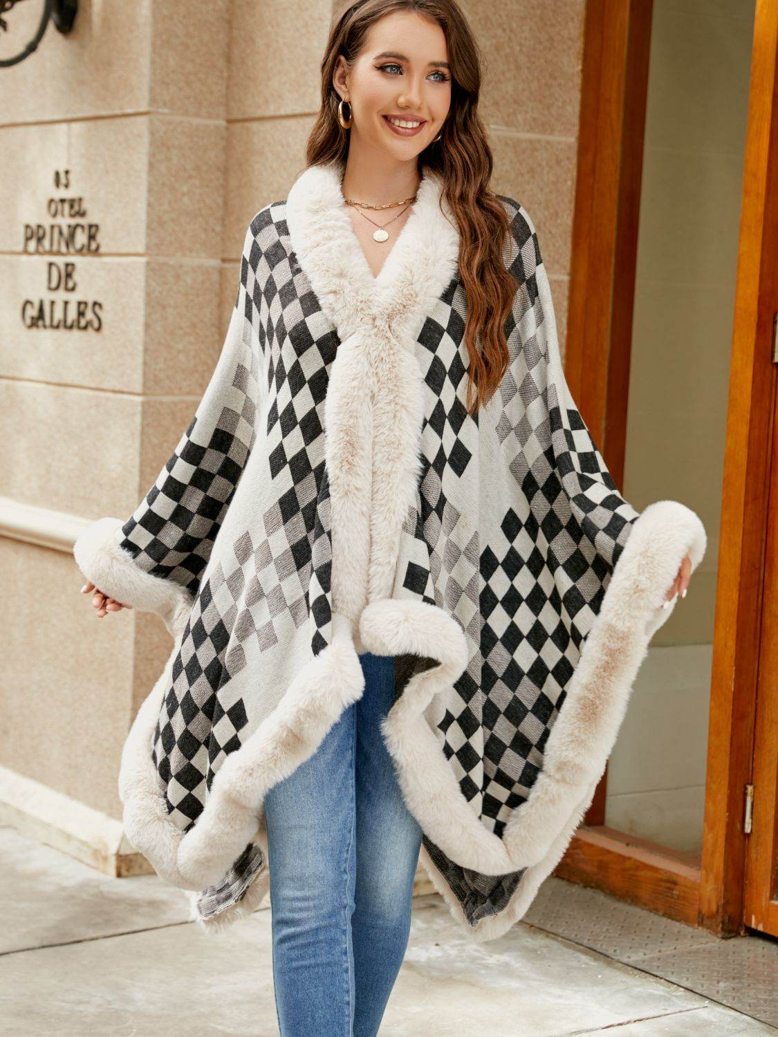 Checkered Faux Fur Trim Poncho - Delanoir