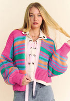 Contrast Striped Open Front Long Sleeve Cardigan - Delanoir