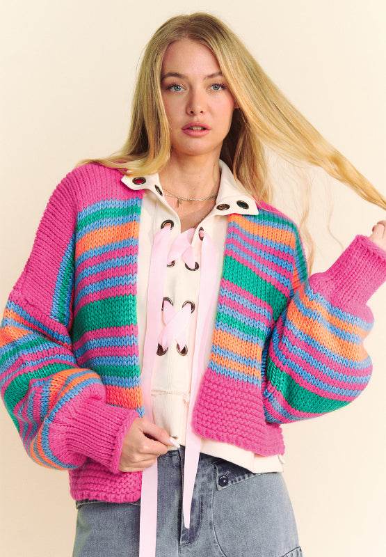 Contrast Striped Open Front Long Sleeve Cardigan - Delanoir