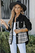 Plaid Pocketed Button Up Denim Jacket - Delanoir