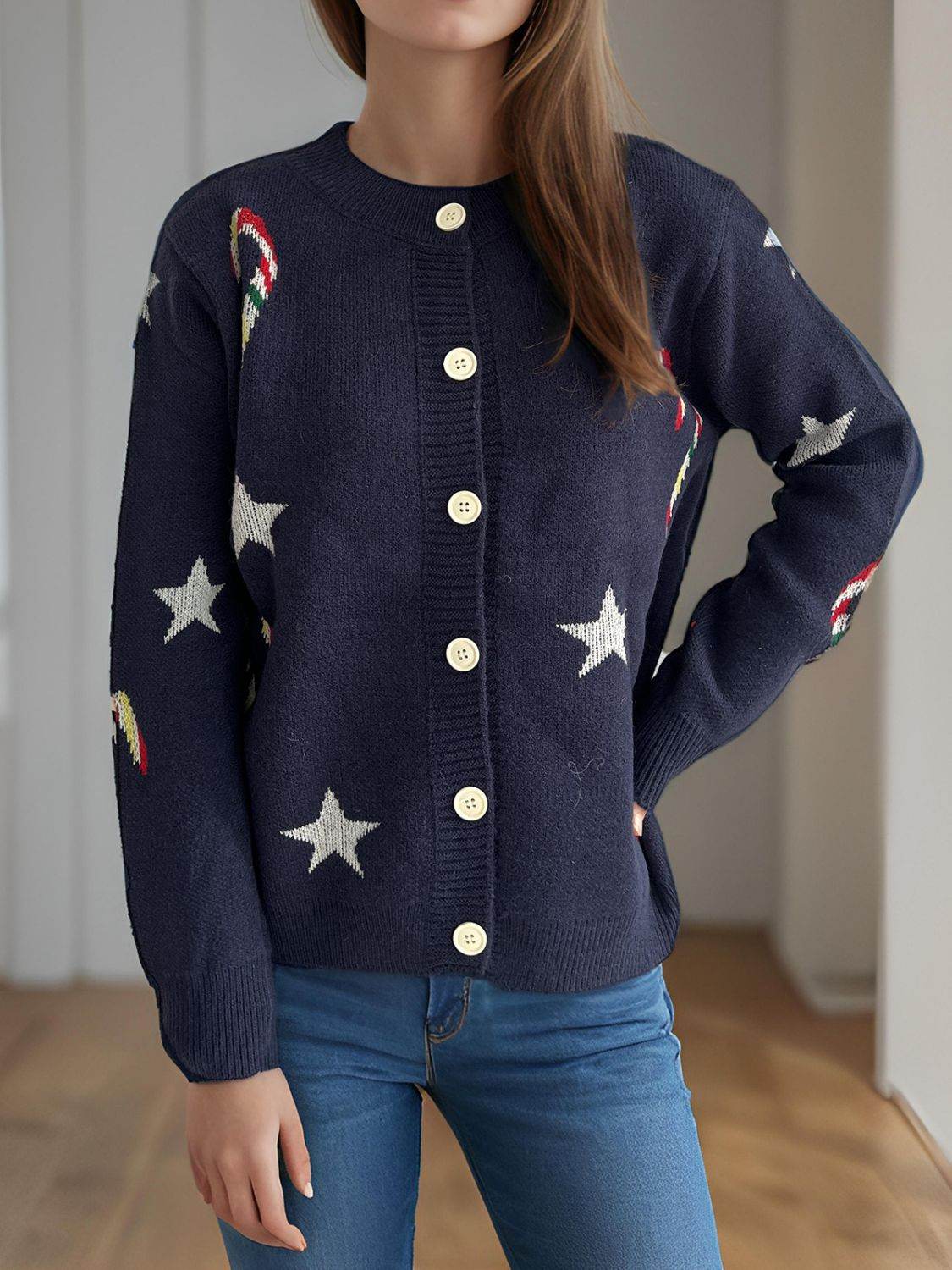 Candy Cane & Star Button Down Long Sleeve Cardigan - Delanoir