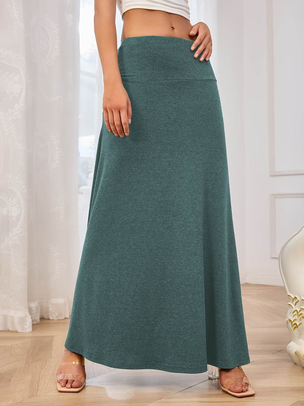Solid Elastic Waist Maxi Skirt - Delanoir