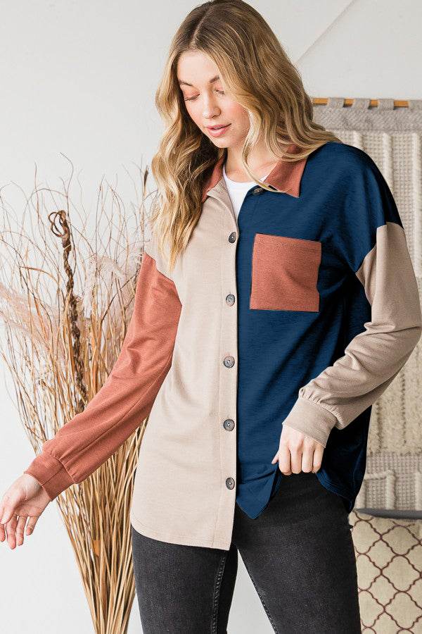 Heimish Full Size Color Block Button Down Shirt - Delanoir