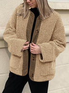 Contrast Button Up Sherpa Jacket with Pockets - Delanoir