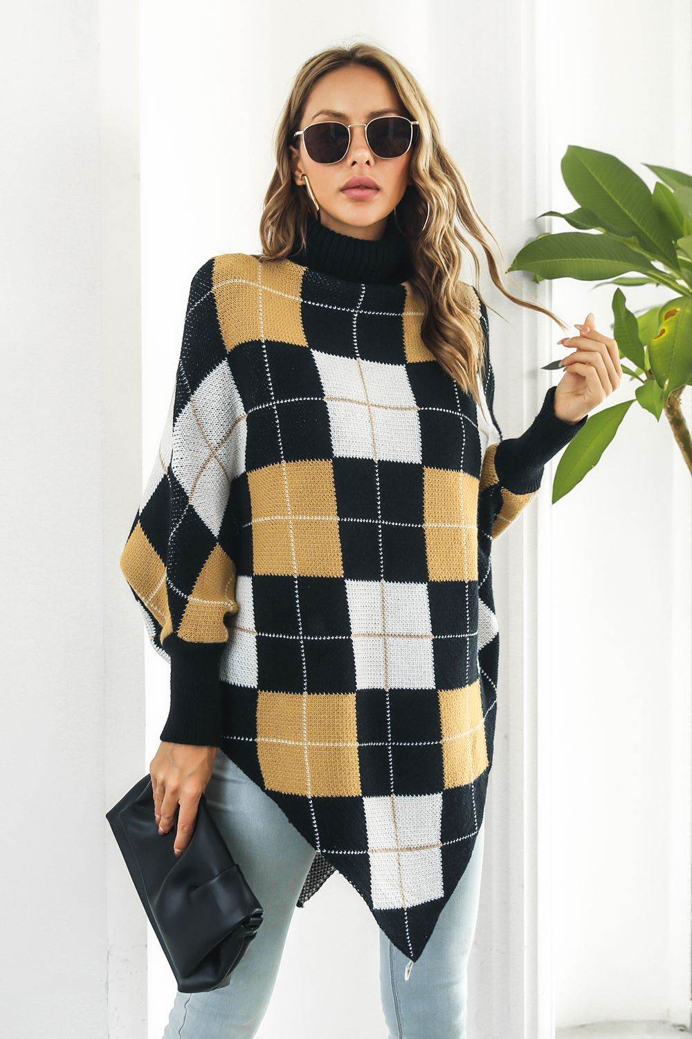 Plaid Turtleneck Dolman Sleeve Poncho - Delanoir