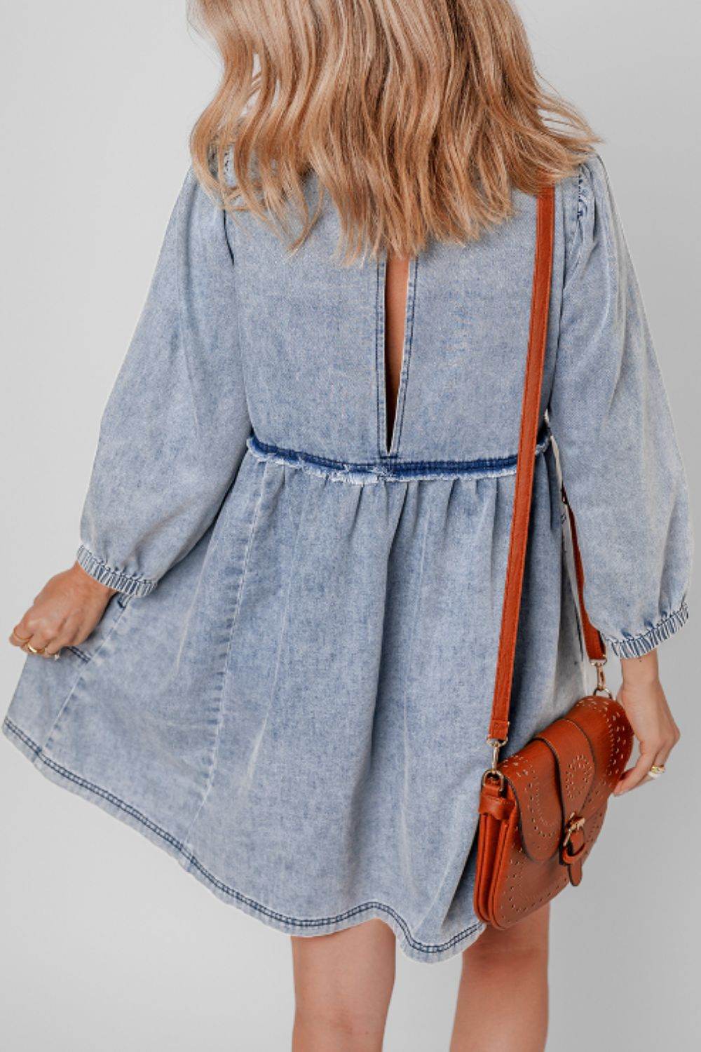 Cutout Round Neck Balloon Sleeve Denim Dress - Delanoir