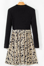 Printed Tie Waist Mock Neck Long Sleeve Dress - Delanoir
