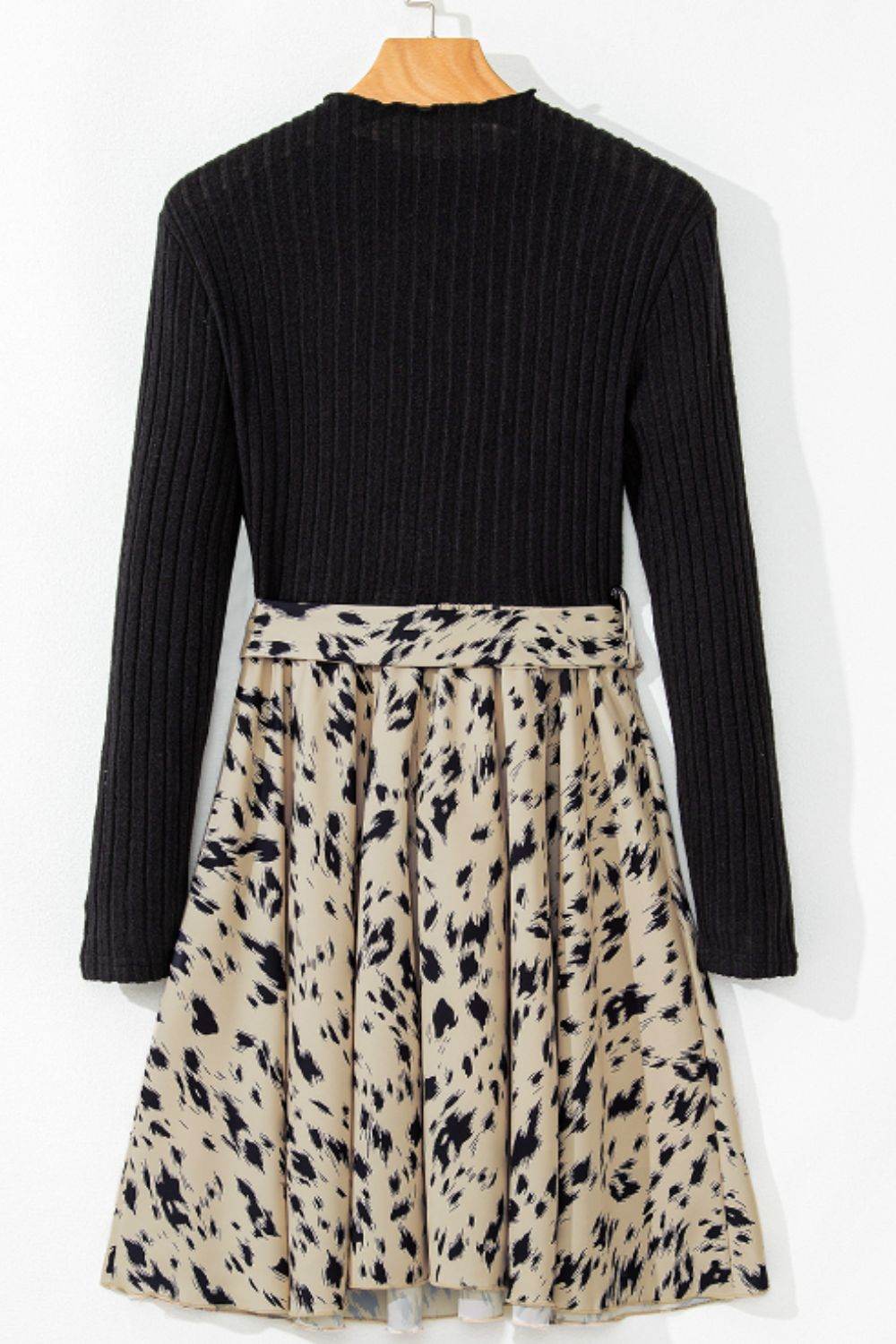Printed Tie Waist Mock Neck Long Sleeve Dress - Delanoir