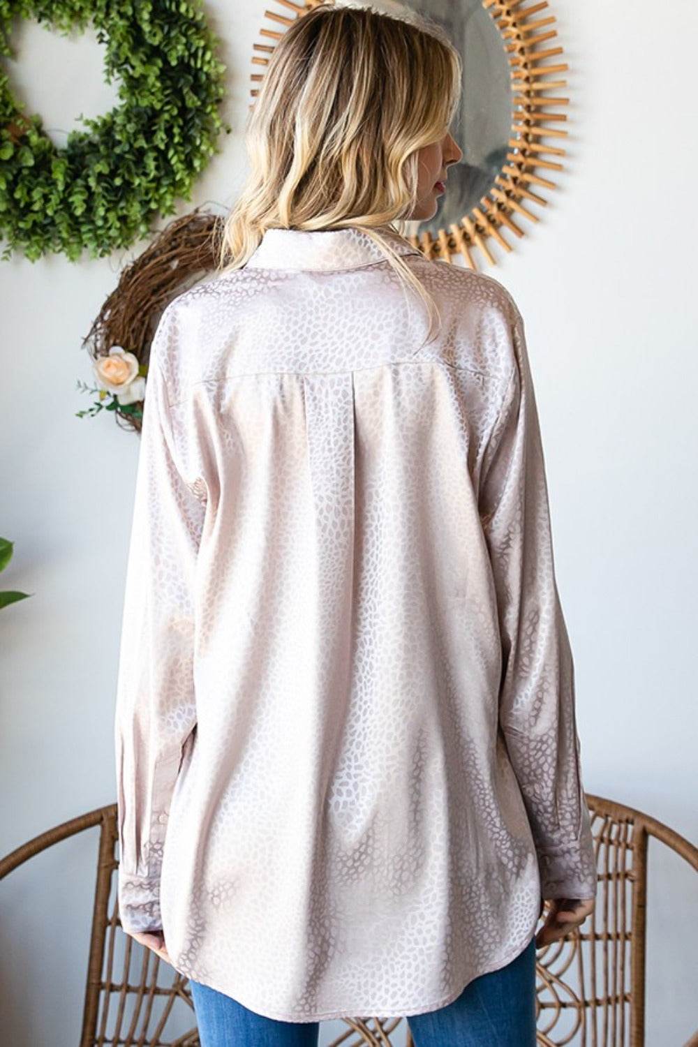 First Love Full Size Ditsy Dot Button Down Collared Satin Shirt - Delanoir