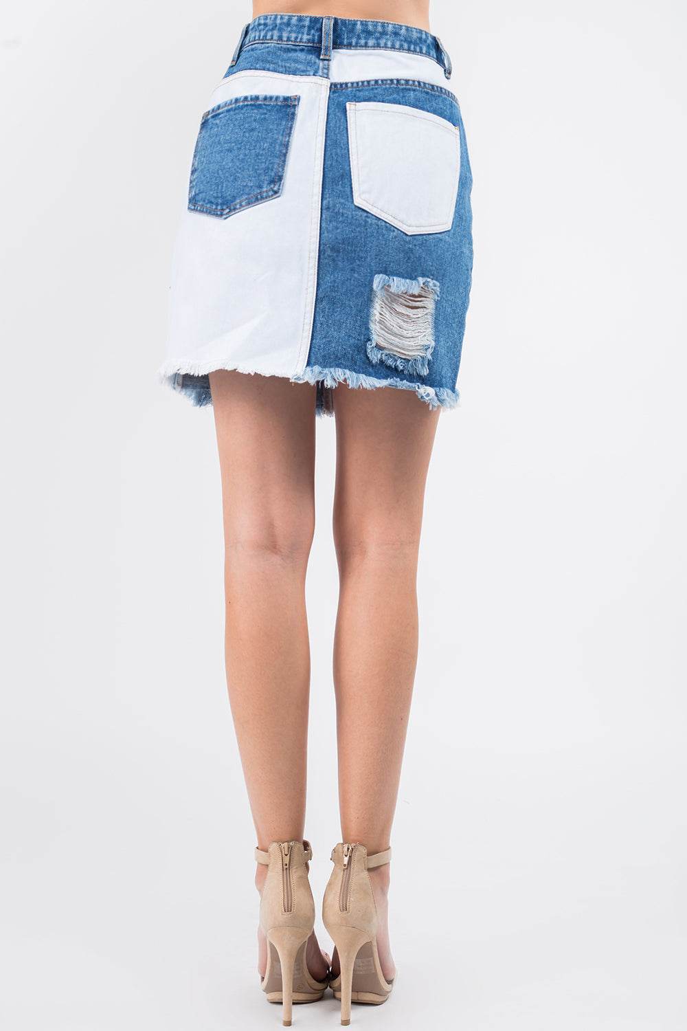 American Bazi Contrast Patched Frayed Denim Distressed Skirts - Delanoir