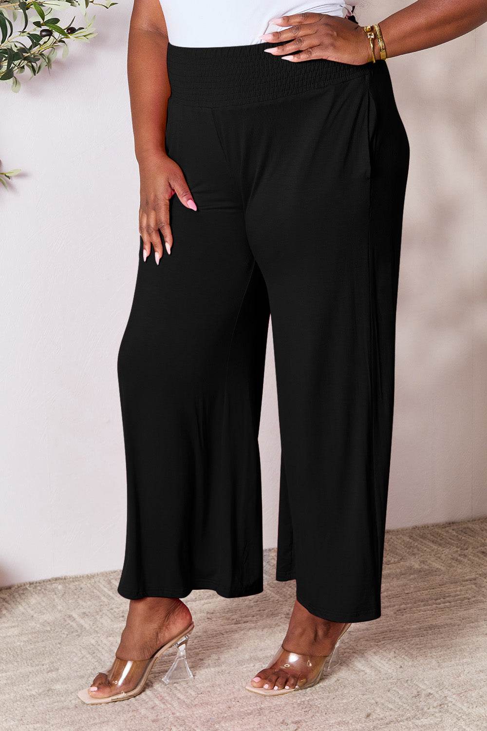 Double Take Full Size Smocked Wide Waistband Wide Leg Pants - Delanoir