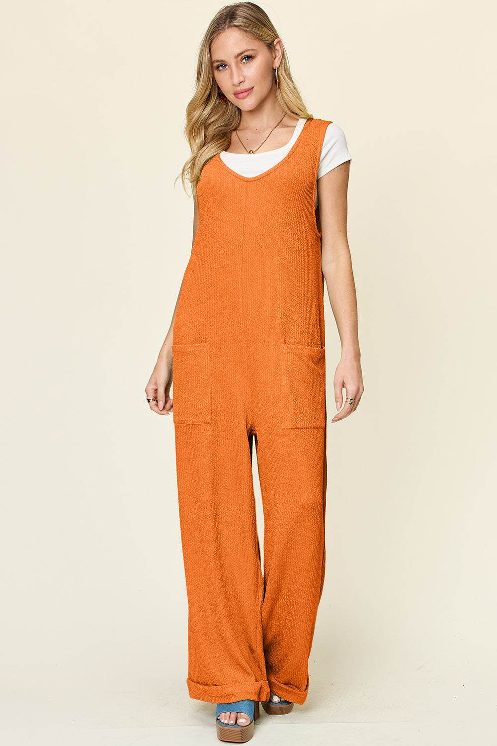 Double Take Full Size Texture Sleeveless Wide Leg Jumpsuit - Delanoir