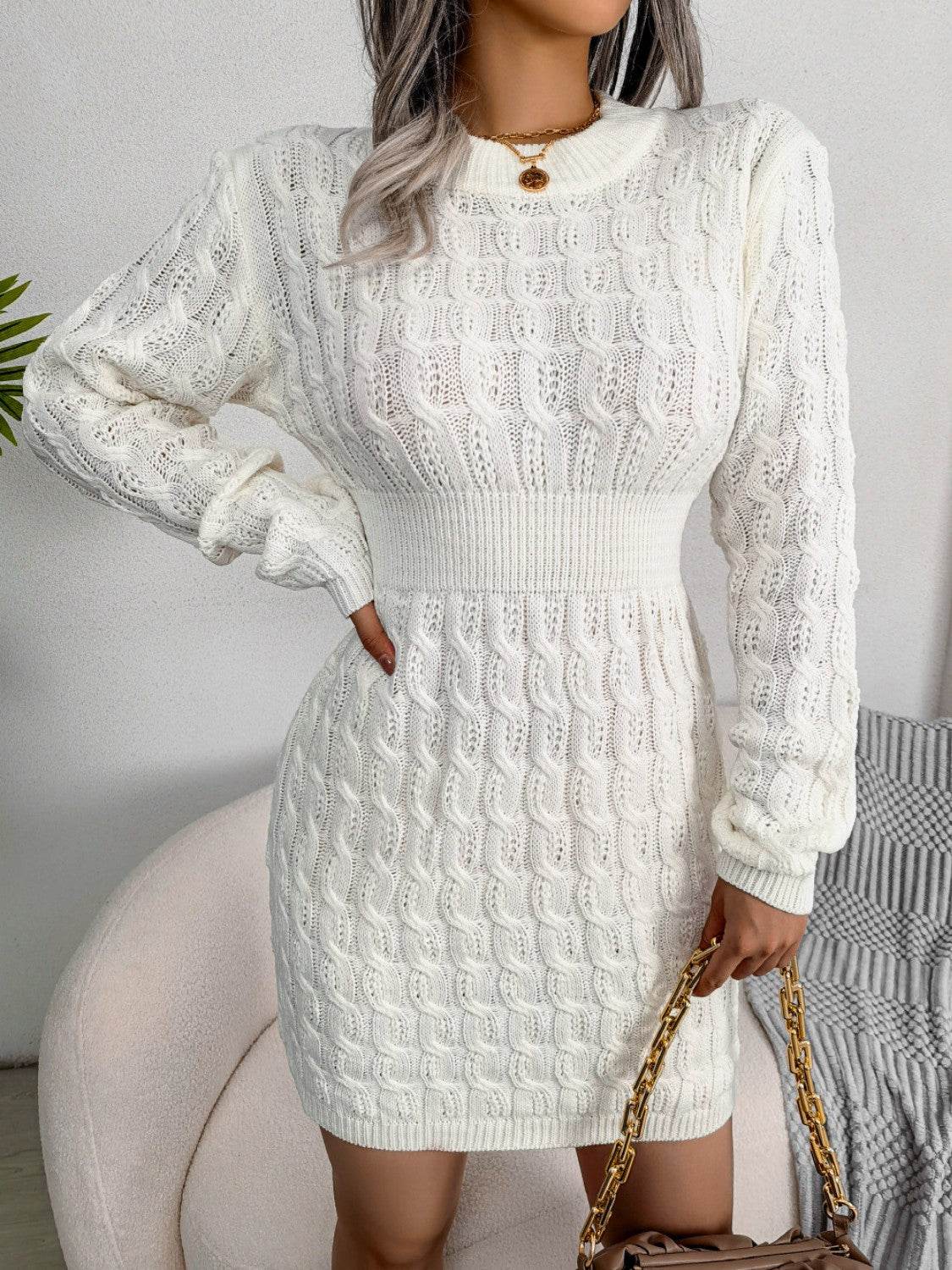 Cable-Knit Round Neck Mini Wrap Sweater Dress - Delanoir