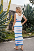 Striped Openwork Cropped Tank and Split Skirt Set - Delanoir