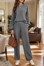 Round Neck Long Sleeve Top and Pants Set - Delanoir