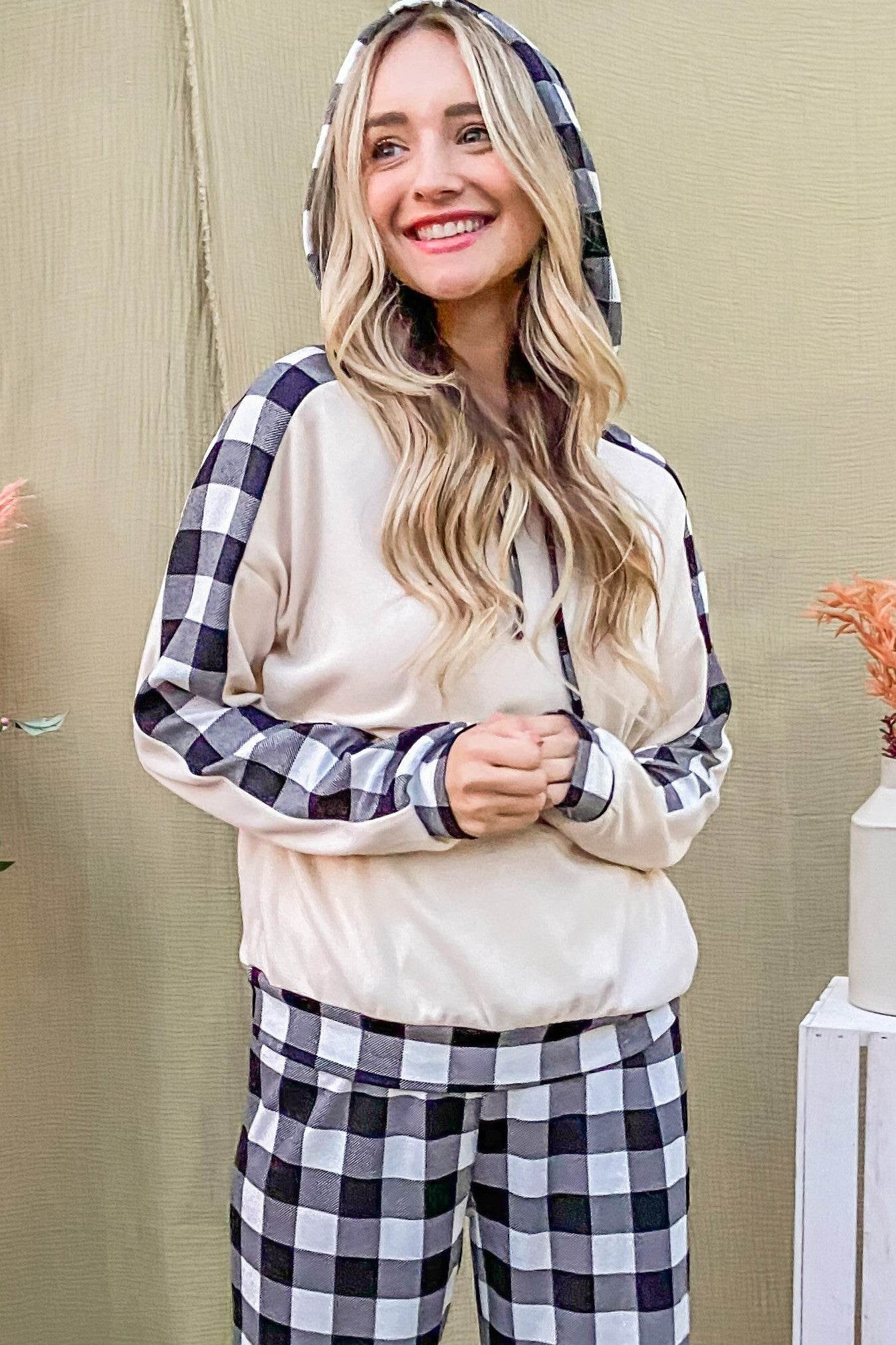 And The Why Drawstring Hooded Top and Plaid Pants Lounge Set - Delanoir