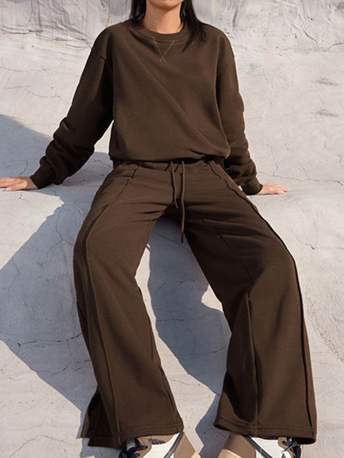 Round Neck Long Sleeve Top and Elastic Waist Pants Set - Delanoir