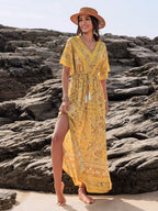 Drawstring Printed Plunge Half Sleeve Dress - Delanoir