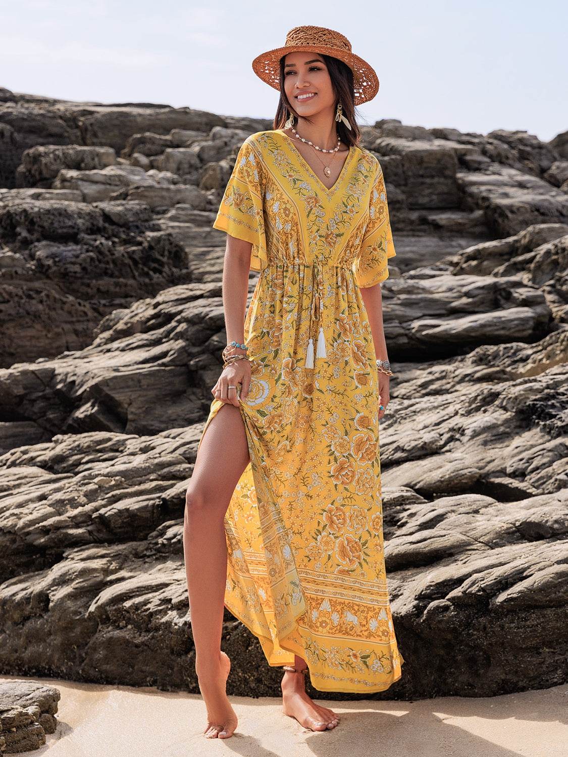 Drawstring Printed Plunge Half Sleeve Dress - Delanoir