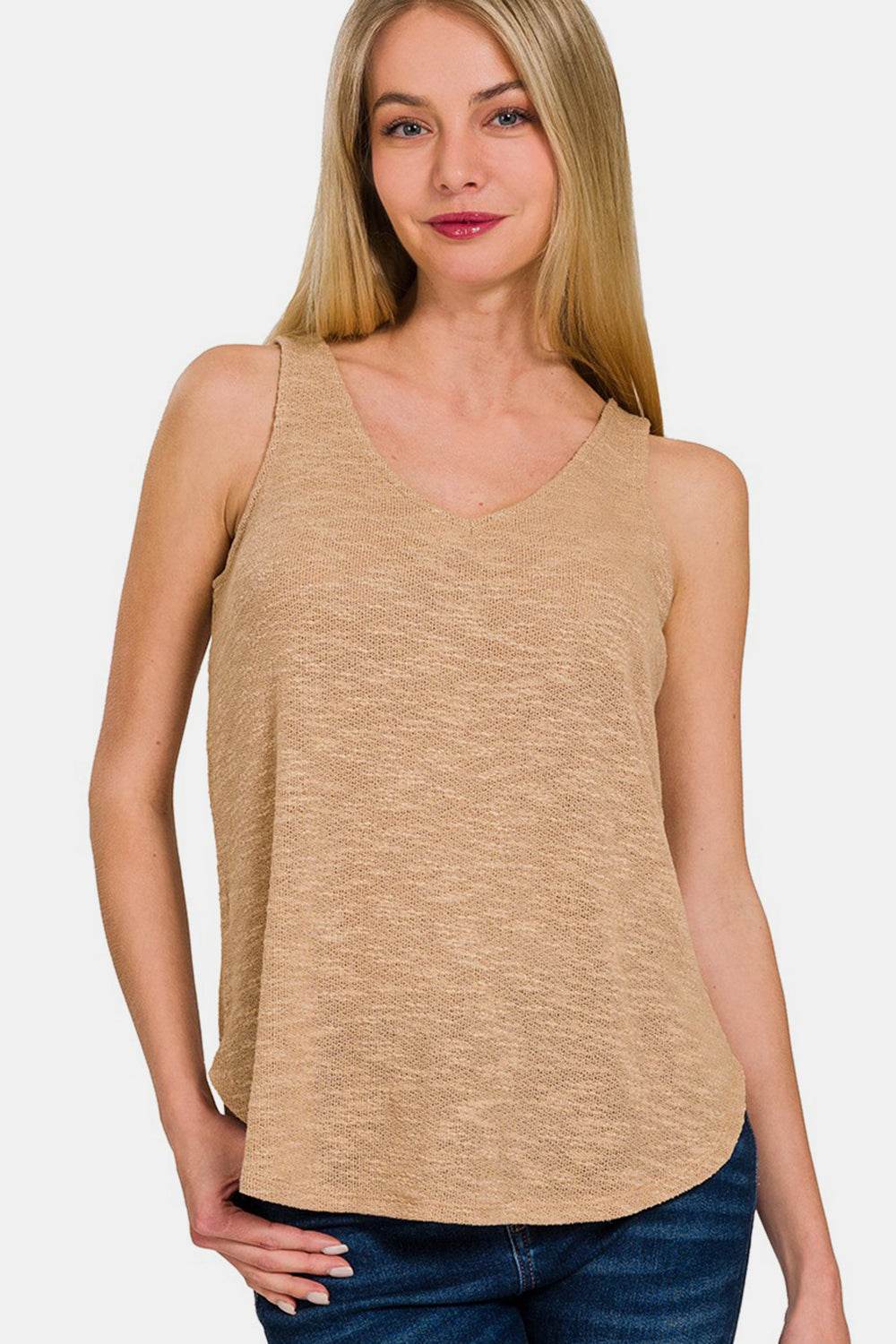 Zenana V-Neck Curved Hem Tank - Delanoir