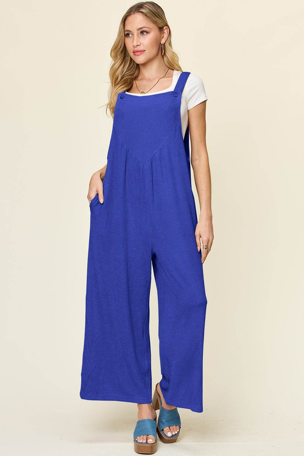Double Take Full Size Texture Sleeveless Wide Leg Overall - Delanoir