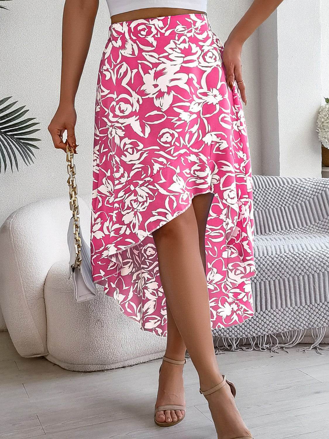 High-Low Printed High Waist Skirt - Delanoir