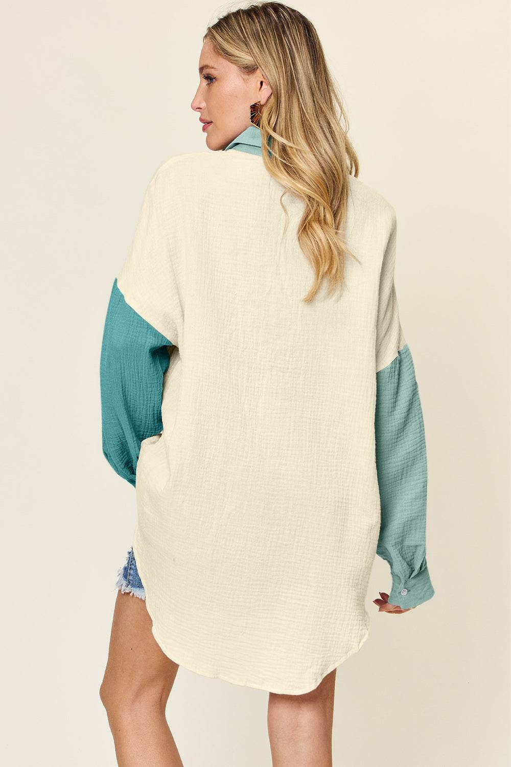 Double Take Full Size Pocketed Texture Button Up Shirt - Delanoir
