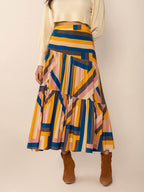 Ruched Elastic Waist Contrast Midi Skirt - Delanoir