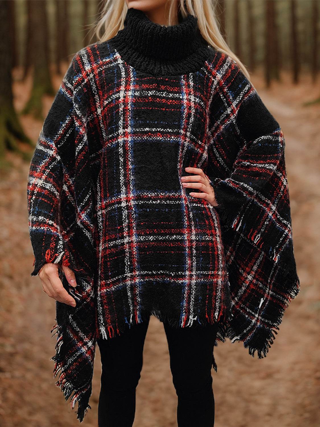 Shiny Turtleneck Plaid Raw Hem Sweater - Delanoir