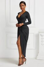 High-low Ruched Surplice Long Sleeve Dress - Delanoir