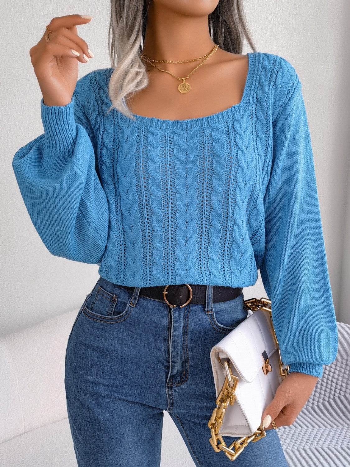 Cable-Knit Square Neck Long Sleeve Sweater - Delanoir