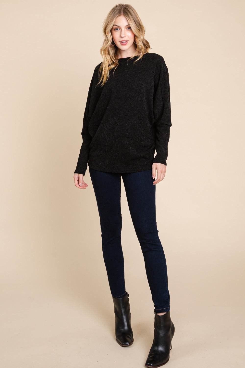 BOMBOM Drop Shoulder Long Sleeve Knit Top - Delanoir