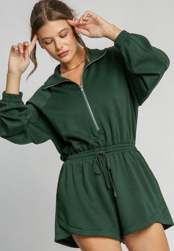 Drawstring Half Zip Long Sleeve Romper - Delanoir