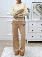 Devine Slit Striped Round Neck Top and Pants Sweater Set - Delanoir