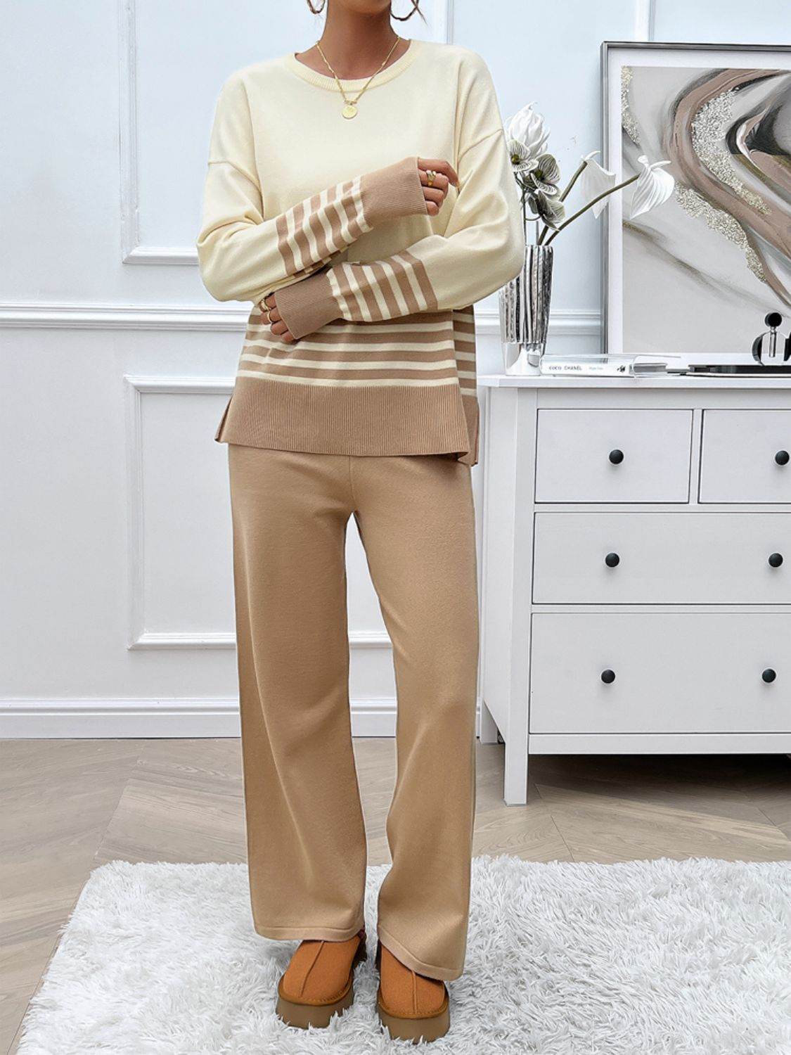 Devine Slit Striped Round Neck Top and Pants Sweater Set - Delanoir